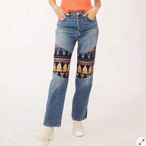 Free People Rocky Mountain Straight Leg Jeans Patterned Corduroy Panels Size 27